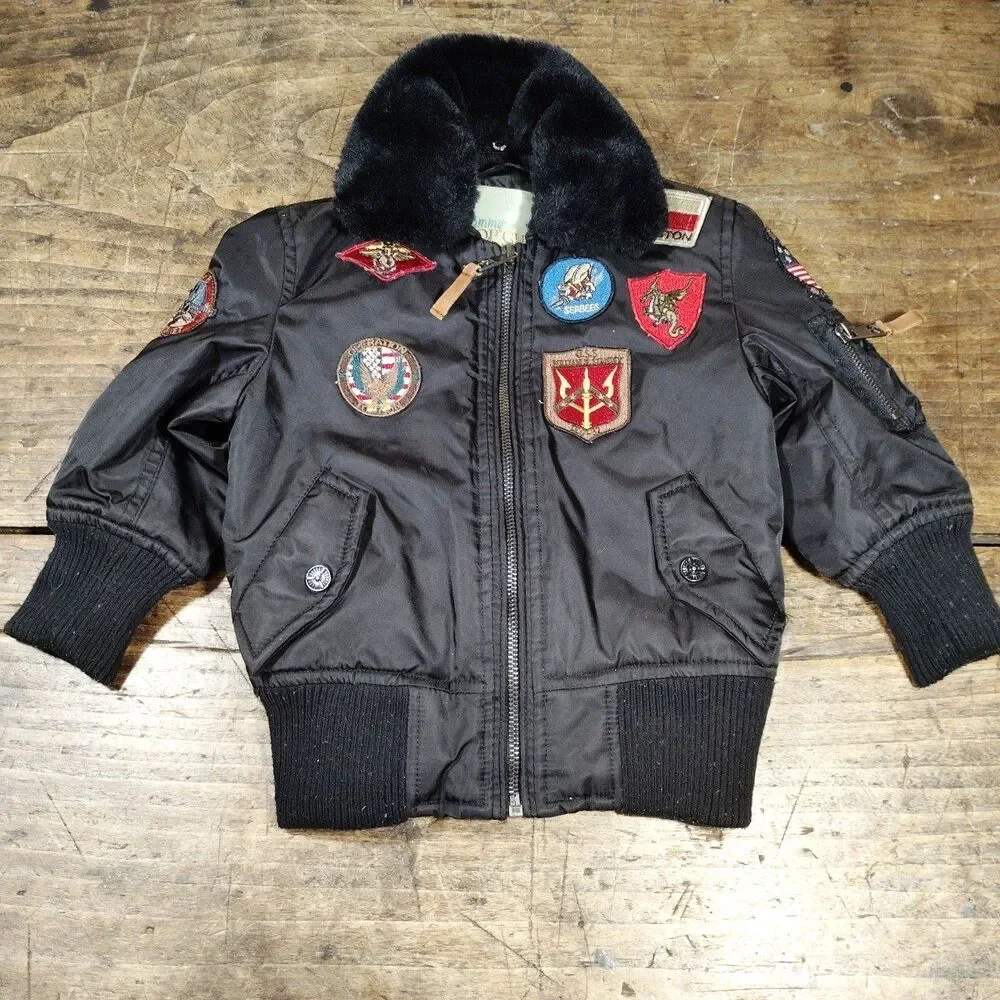 Tommy Top Gun Bomber Jacket Coat 2T Black Patches Military Full Zip Faux Fur